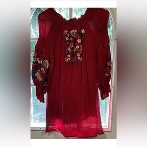 R Vioimos Women XL Red MIDI Floral Embroidery Bohemian Detail Rushed Long Sleeve